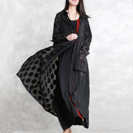 2019 black dotted Jacquard coats plus size Turn-down Collar outwear fine long sleeve pockets long coat