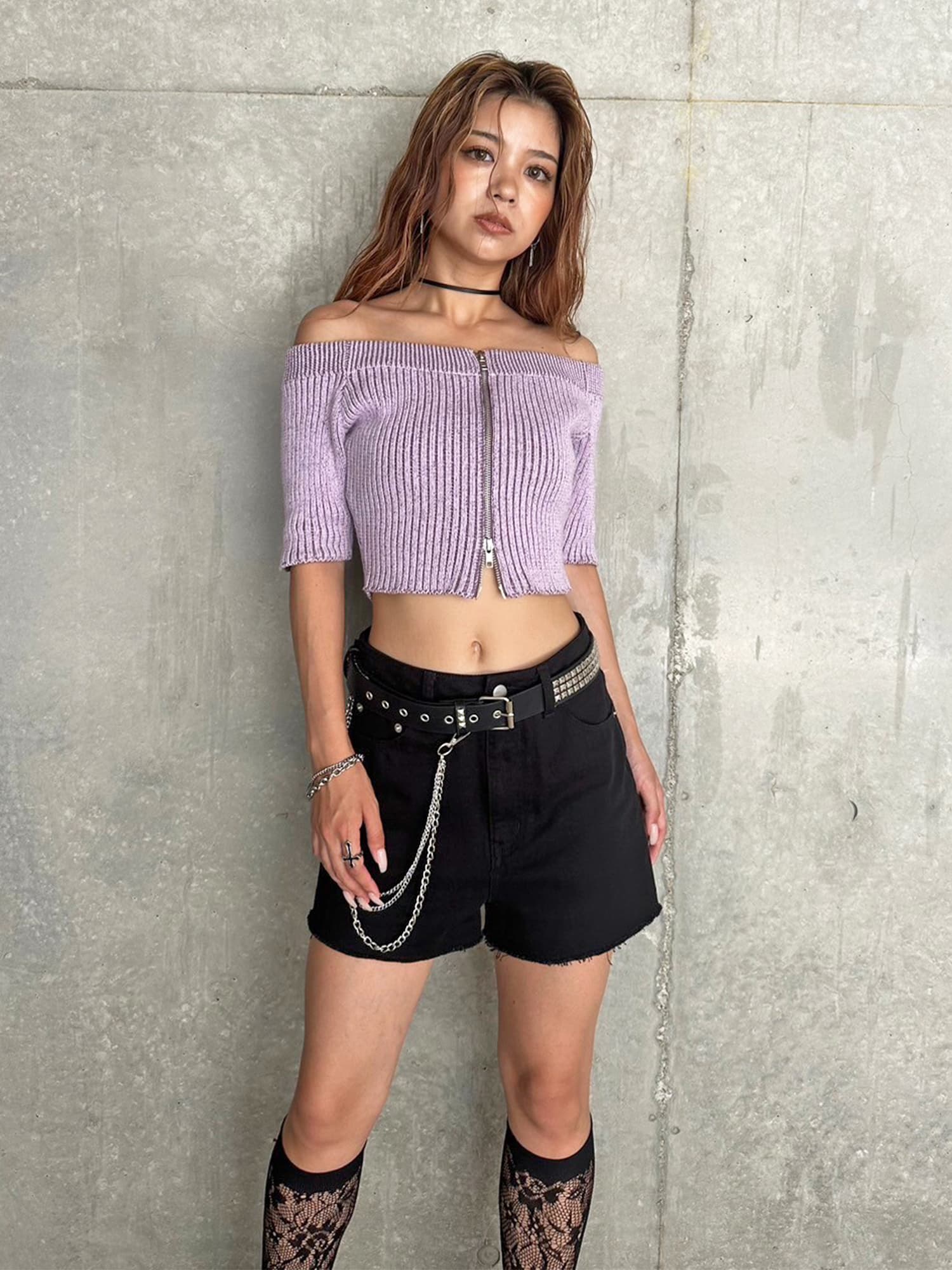 ZIPニットオフショルトップ–