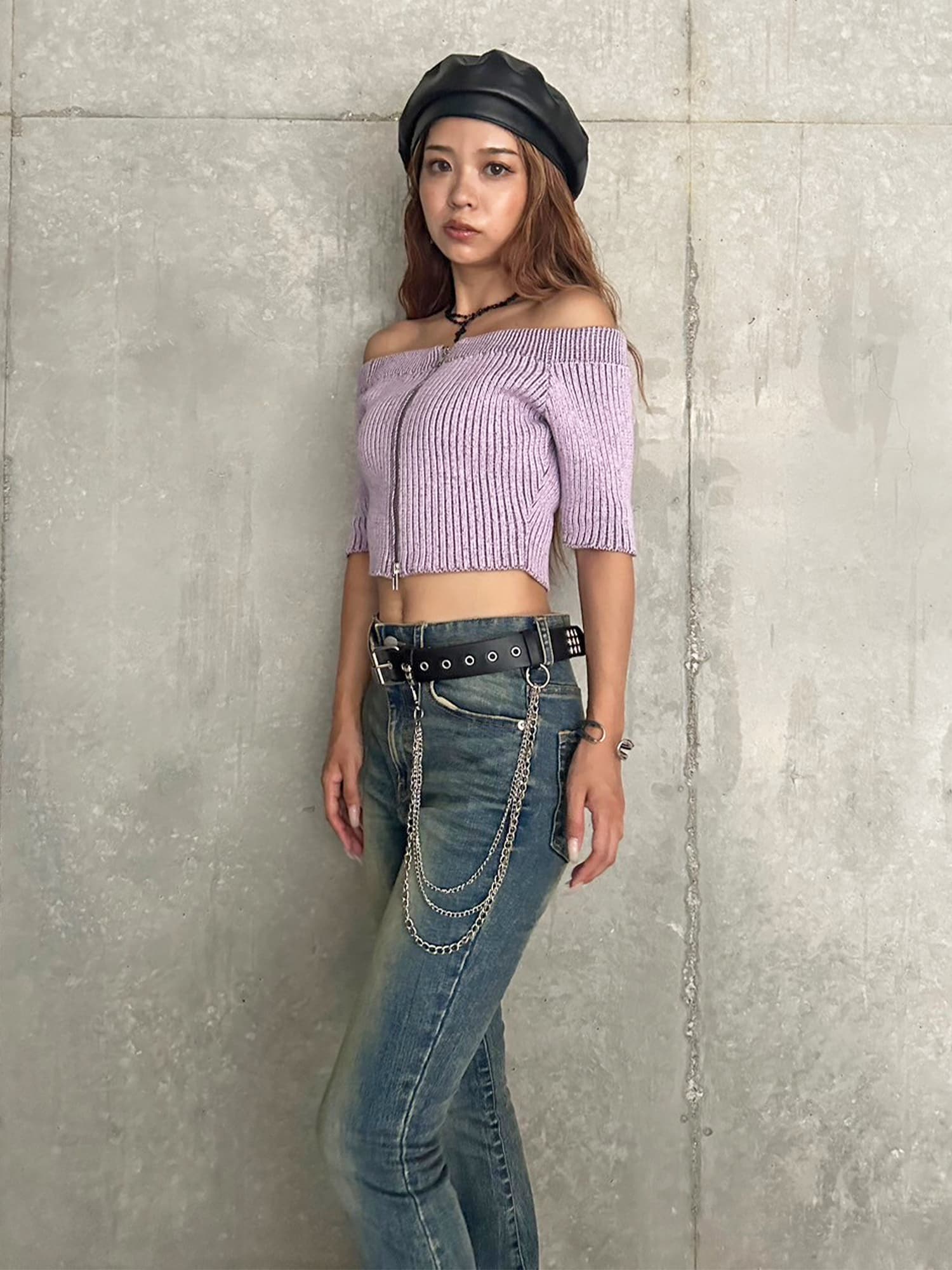 ZIPニットオフショルトップ–