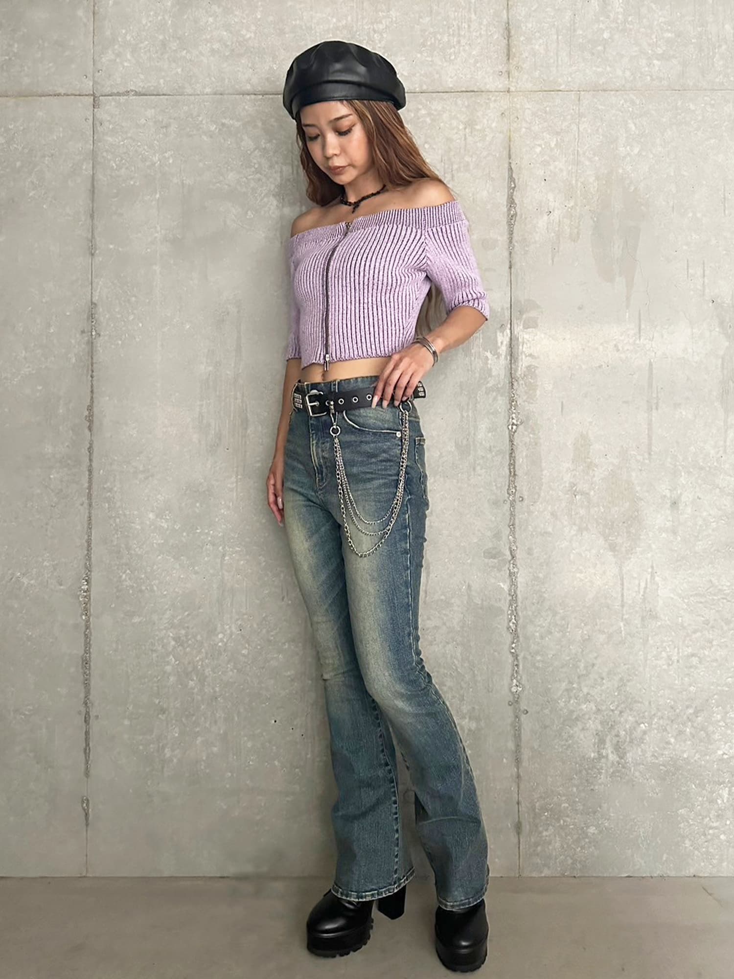 ZIPニットオフショルトップ–